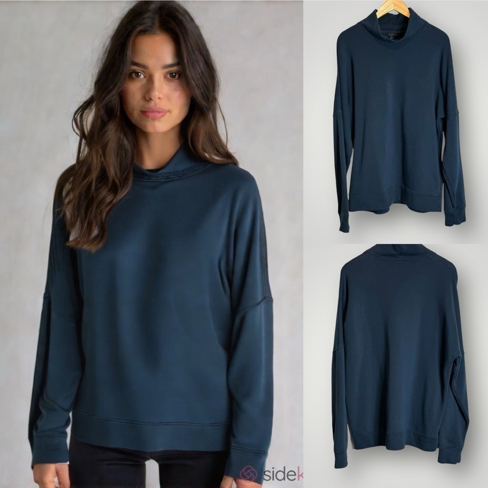 COS Mock Neck Sweatshirt Long Sleeve Pullover Size Large Navy Blue French Terry